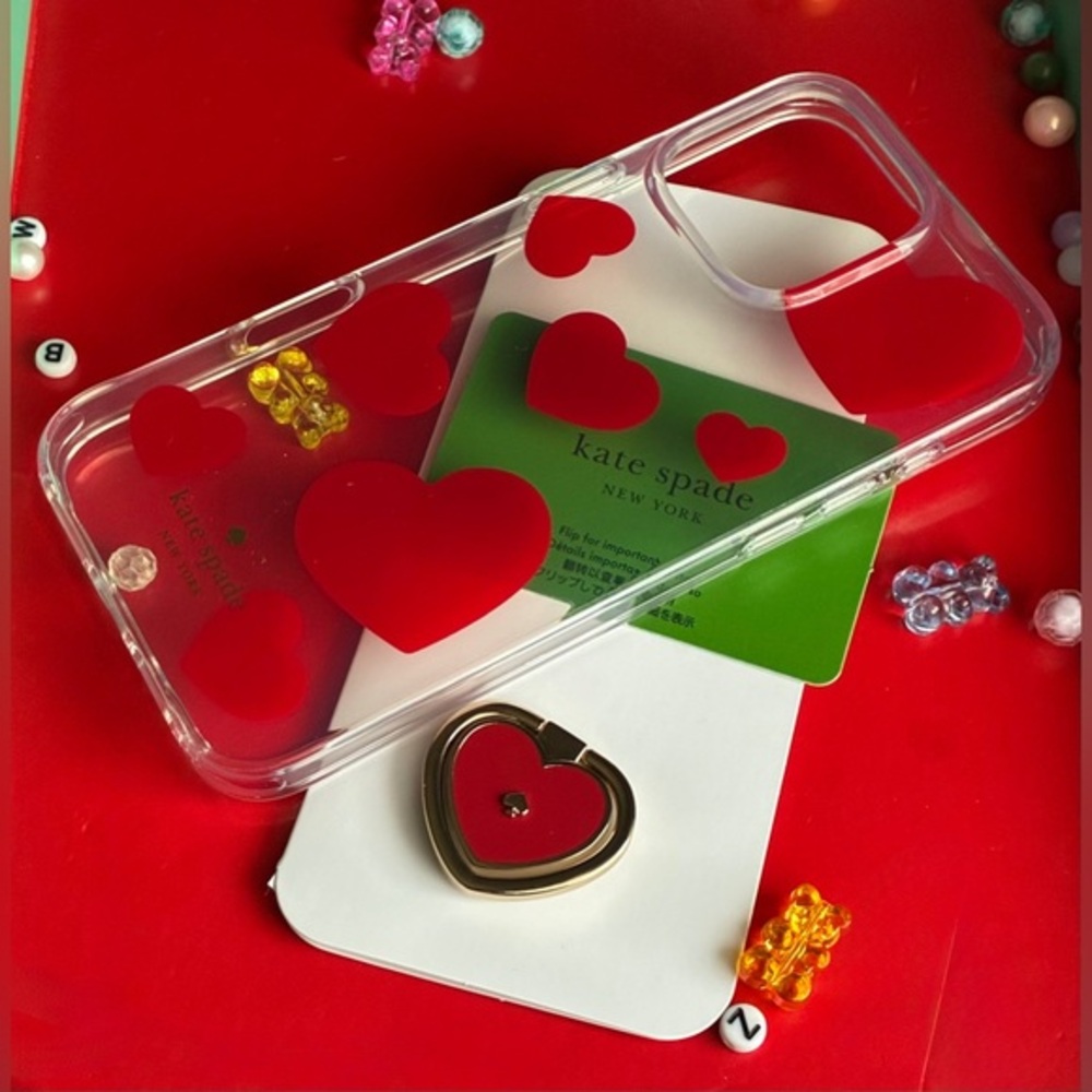 Kate Spade Transparent Case with Vibrant Red Hearts,iPhone 16 Pro Max.